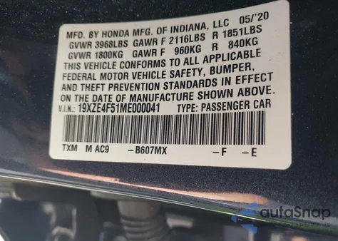 2021 Honda Insight Ex из США, поврежденный, VIN 19XZE4F51ME000041